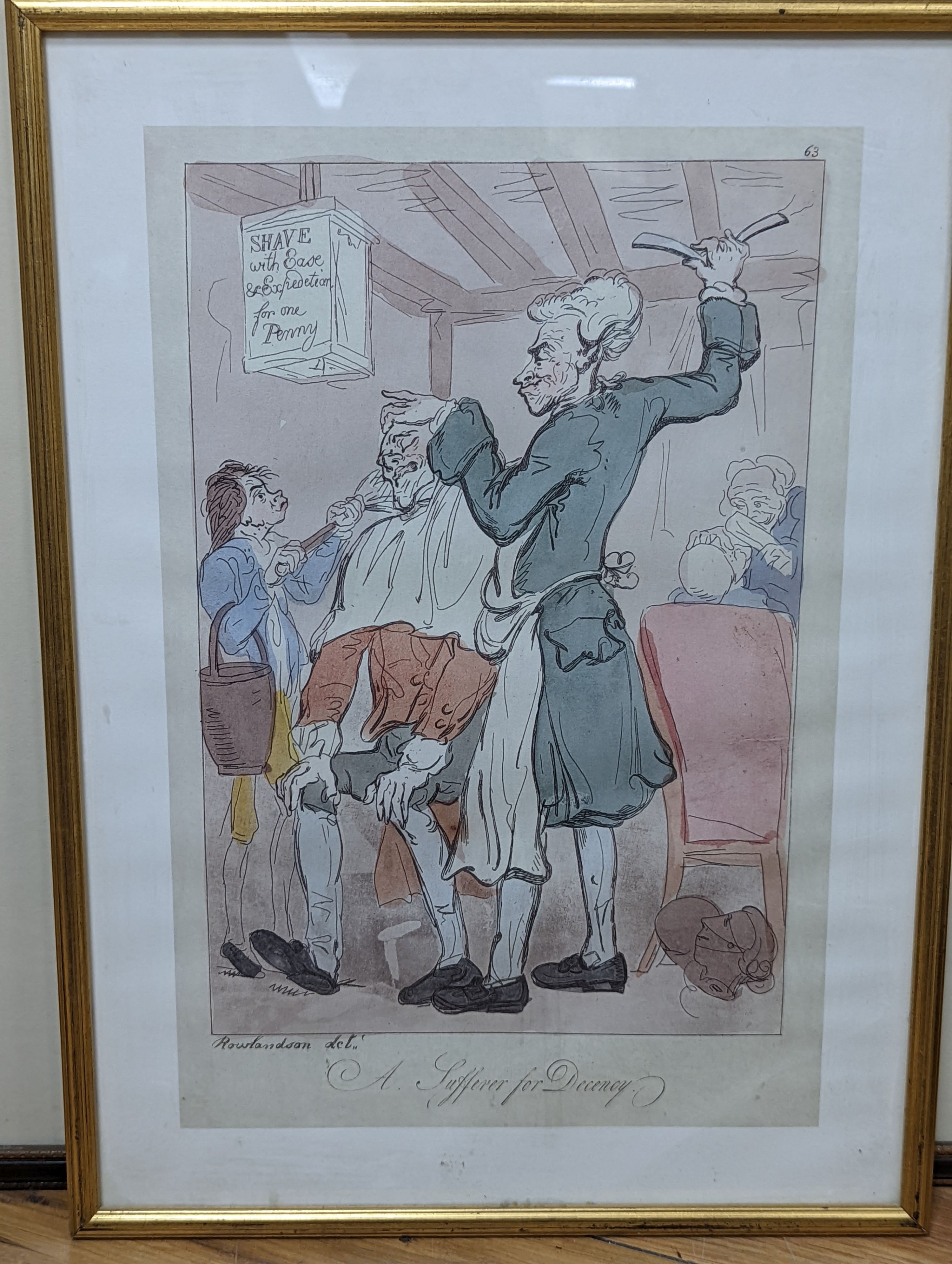 George Vernon Stokes (1873-1954), coloured etching, ‘’Springer Spaniels spying grouse’’, signed, 69/75, 25 x 30cm, together with four 18th century caricature prints